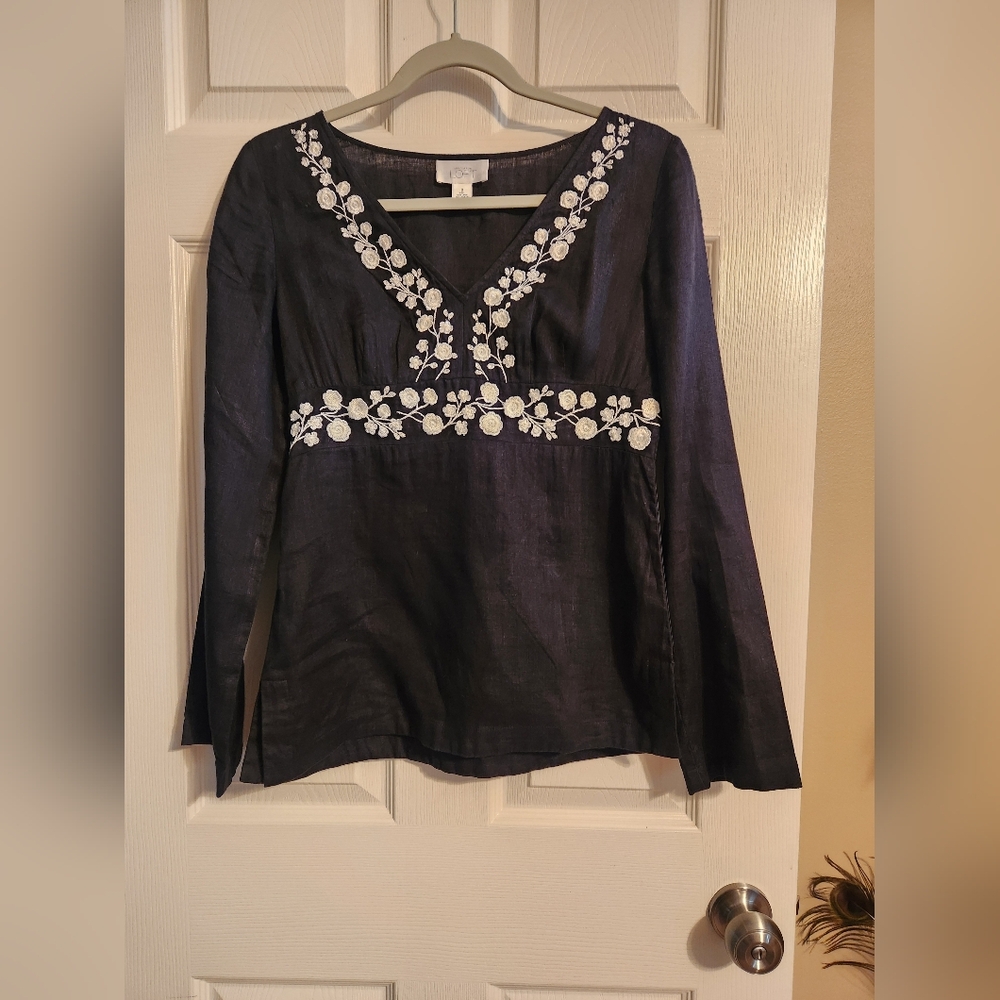 LOFT Embroidered Black Women's Linen Top